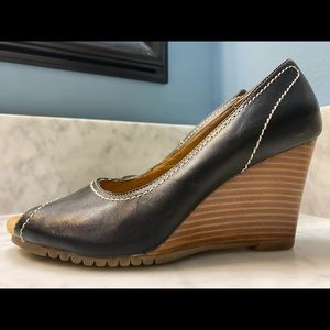 Aerosoles, Black leather peep toe wedge.